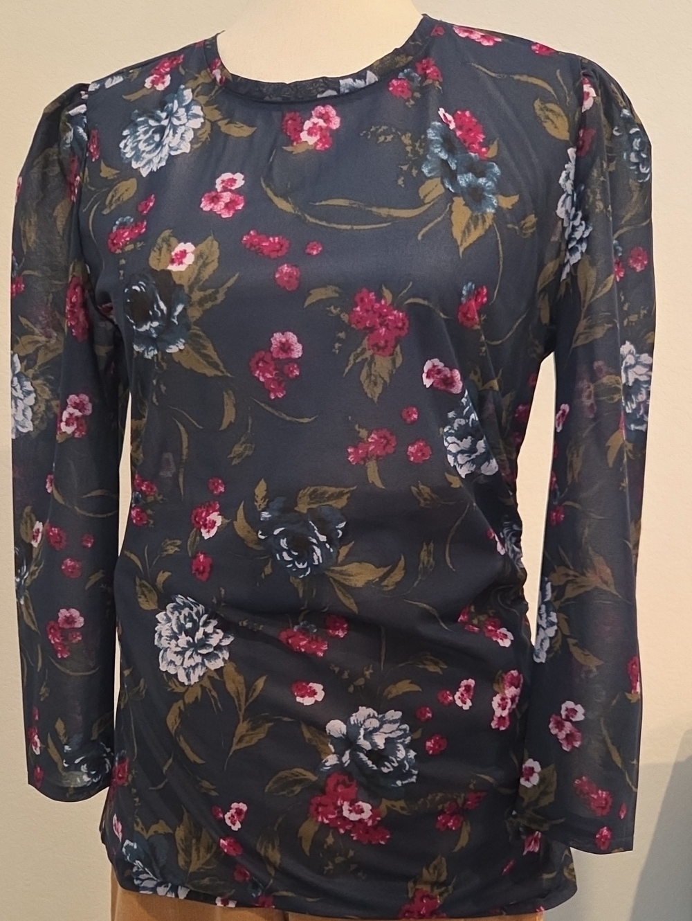 Floral Ruching Sheer Blouse in Blue & Pink Like New Hinge Medium